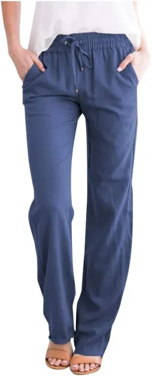 Summer Beach Linen Pants for Women Casual Drawstring Elastic Waist Pants Wide Leg Trousers with Pockets