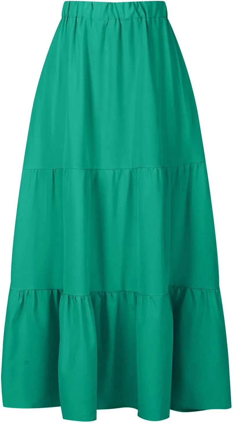 Summer Beach Maxi Skirts for Women Casual High Waisted Pleated Ruffle Swing Skirt Layered Tiered Vacation Dress