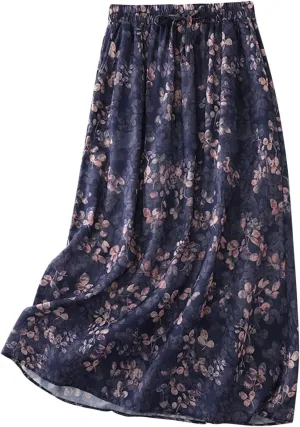 Summer Boho Floral Midi Skirt for Women Elastic Waist Flowy Vacation A-Line Skirts Casual Lightweight Beach Skirt