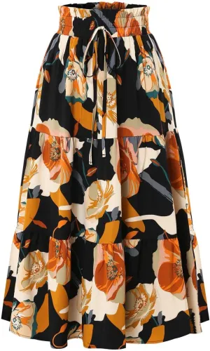Summer Boho Floral Print Casual Skirt for Women, Fashion Drawstring Ruched Tiered Midi Skirts Elastic Comfy Flowy Clothes