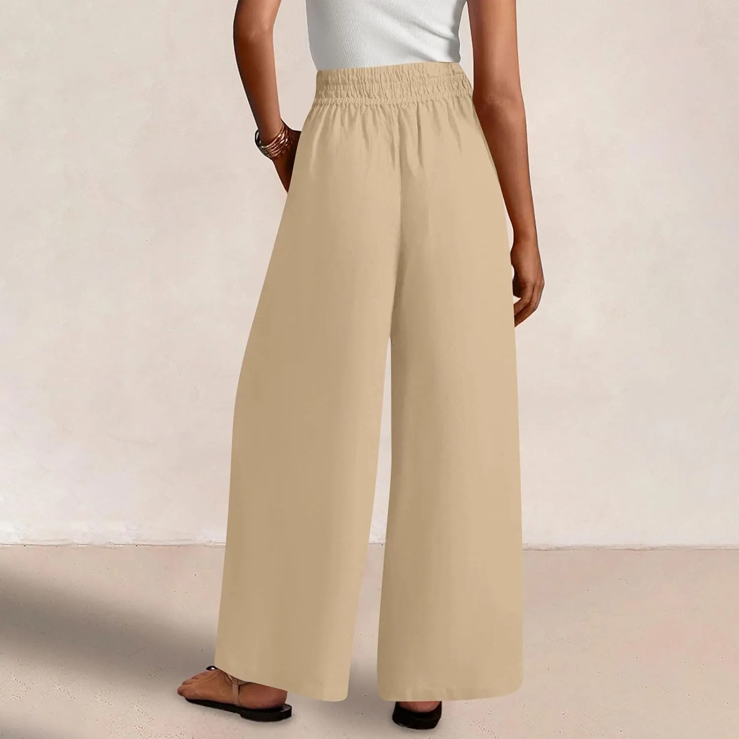 Summer Casual Loose Wide Leg Palazzo Pants for Womens Spring Linen Pants High Waist Flowy Beach Trousers Outfits