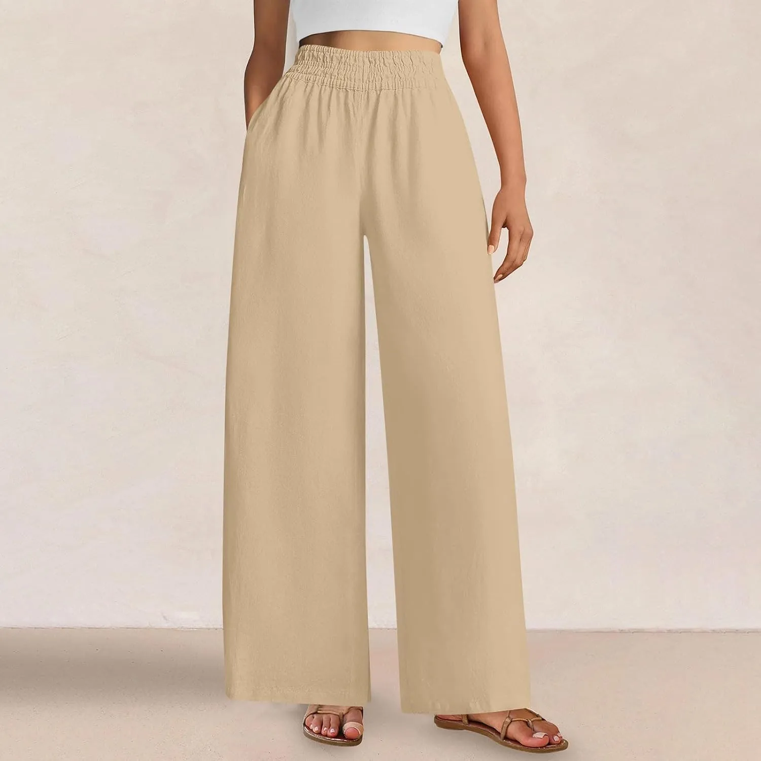 Summer Casual Loose Wide Leg Palazzo Pants for Womens Spring Linen Pants High Waist Flowy Beach Trousers Outfits