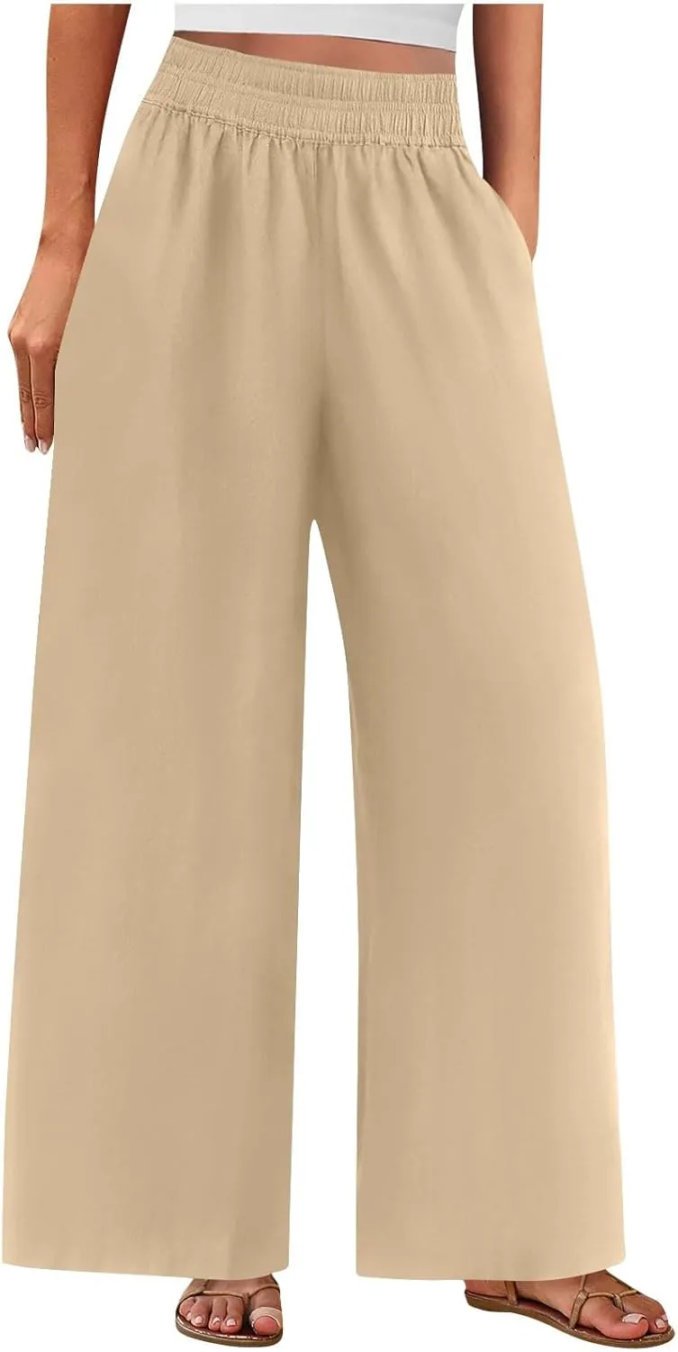 Summer Casual Loose Wide Leg Palazzo Pants for Womens Spring Linen Pants High Waist Flowy Beach Trousers Outfits