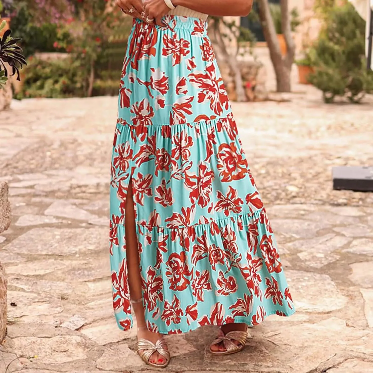 Summer Floral Print Midi Skirt for Women Tiered Long Skirt Elastic High Waist Pleated Skirts Casual Side Split Trendy Skirts