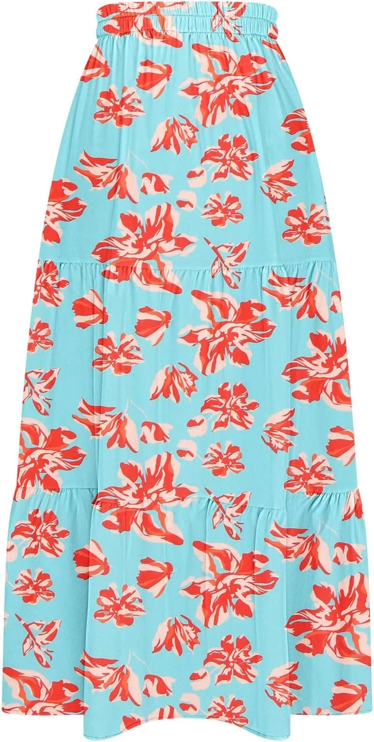 Summer Floral Print Midi Skirt for Women Tiered Long Skirt Elastic High Waist Pleated Skirts Casual Side Split Trendy Skirts