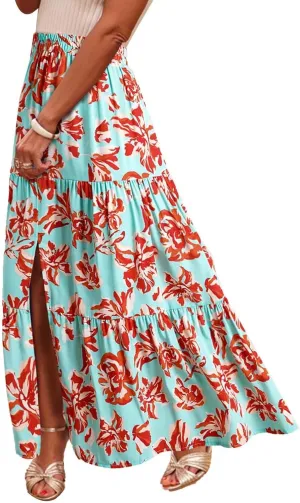 Summer Floral Print Midi Skirt for Women Tiered Long Skirt Elastic High Waist Pleated Skirts Casual Side Split Trendy Skirts