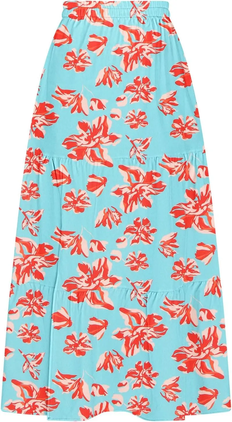 Summer Floral Print Midi Skirt for Women Tiered Long Skirt Elastic High Waist Pleated Skirts Casual Side Split Trendy Skirts