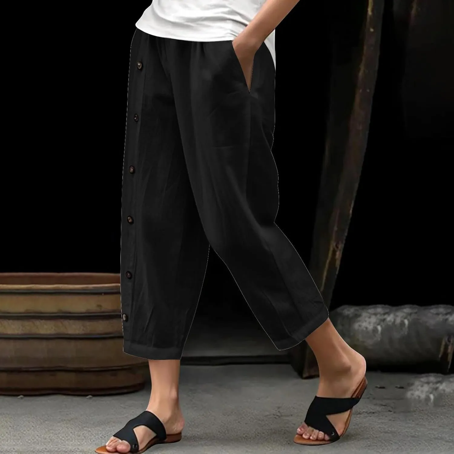 Summer Linen Cropped Trousers for Women Trendy Capris High Waist Straight Wide Leg Beach Pants Loose Slacks