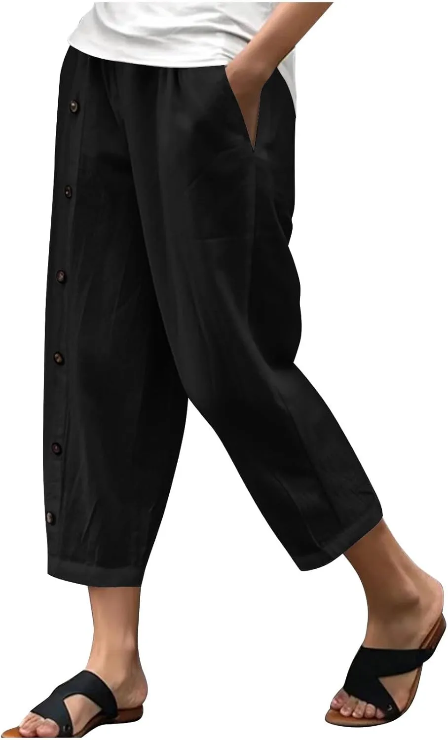 Summer Linen Cropped Trousers for Women Trendy Capris High Waist Straight Wide Leg Beach Pants Loose Slacks