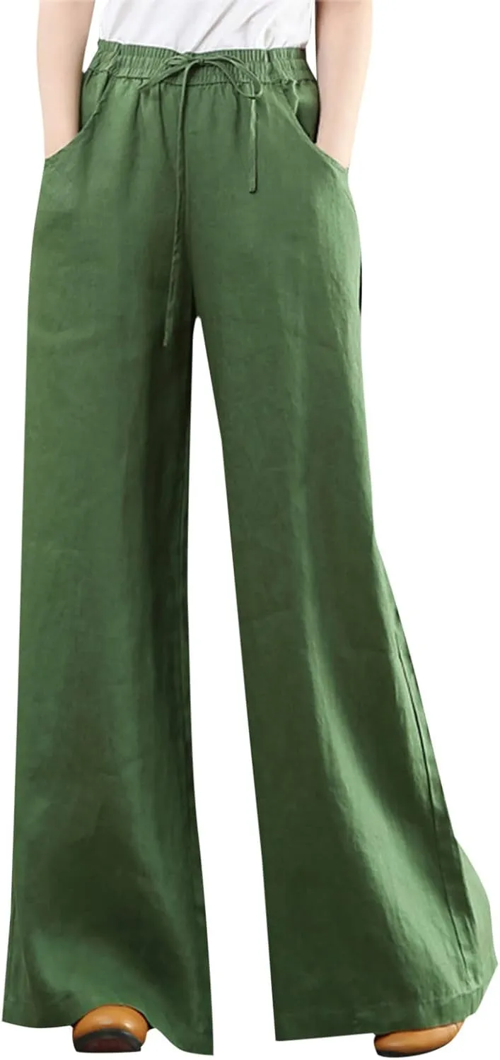 Summer Linen Palazzo Pants for Women Flowy Wide Leg Beach Pants with Pockets High Waisted Loose Baggy Trousers