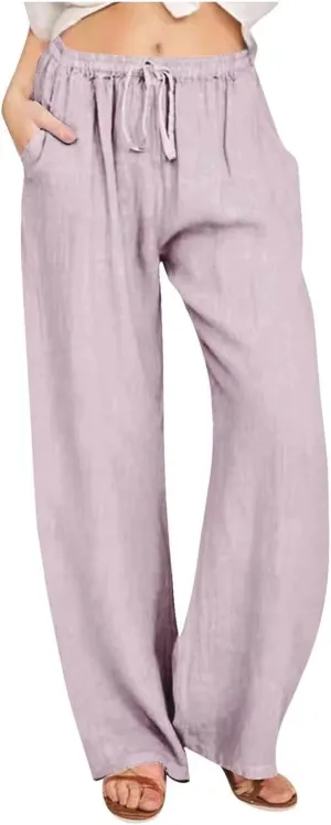 Summer Pants for Women Casual 2025 Trendy Drawstring Elastic High Waist Linen Pant Straight Wide Leg Cropped Trousers