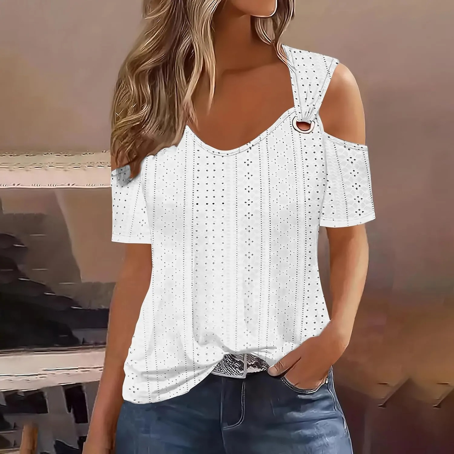 Summer Shirts for Women 2025 Casual Cold Shoulder Short Sleeve Eyelet Tops Loose v Neck Tunic Blouses Trendy