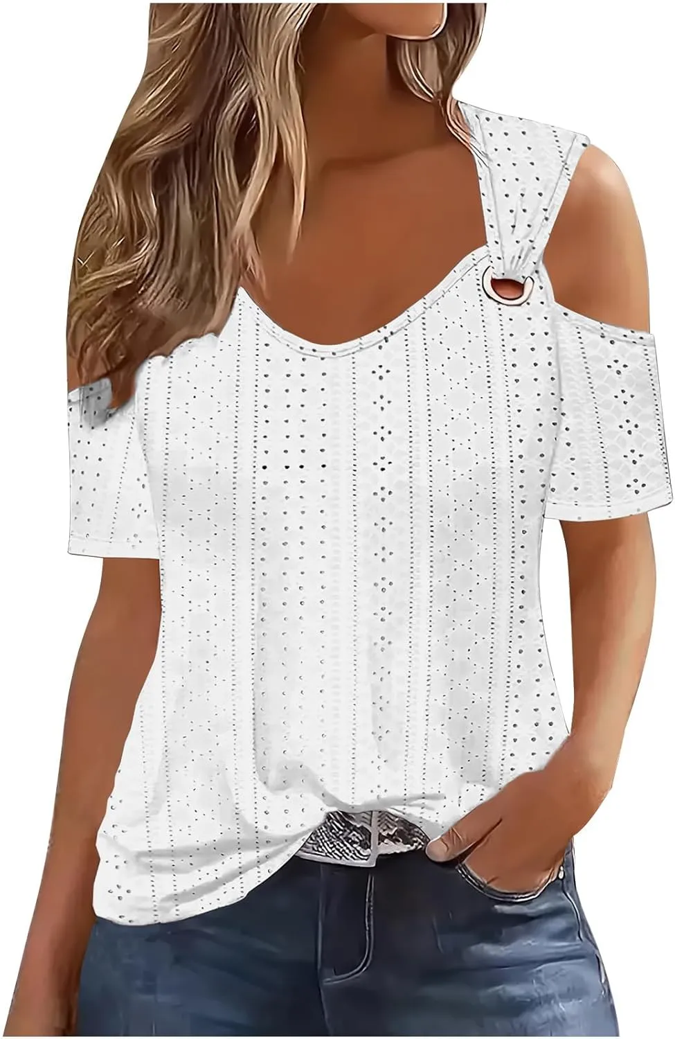 Summer Shirts for Women 2025 Casual Cold Shoulder Short Sleeve Eyelet Tops Loose v Neck Tunic Blouses Trendy