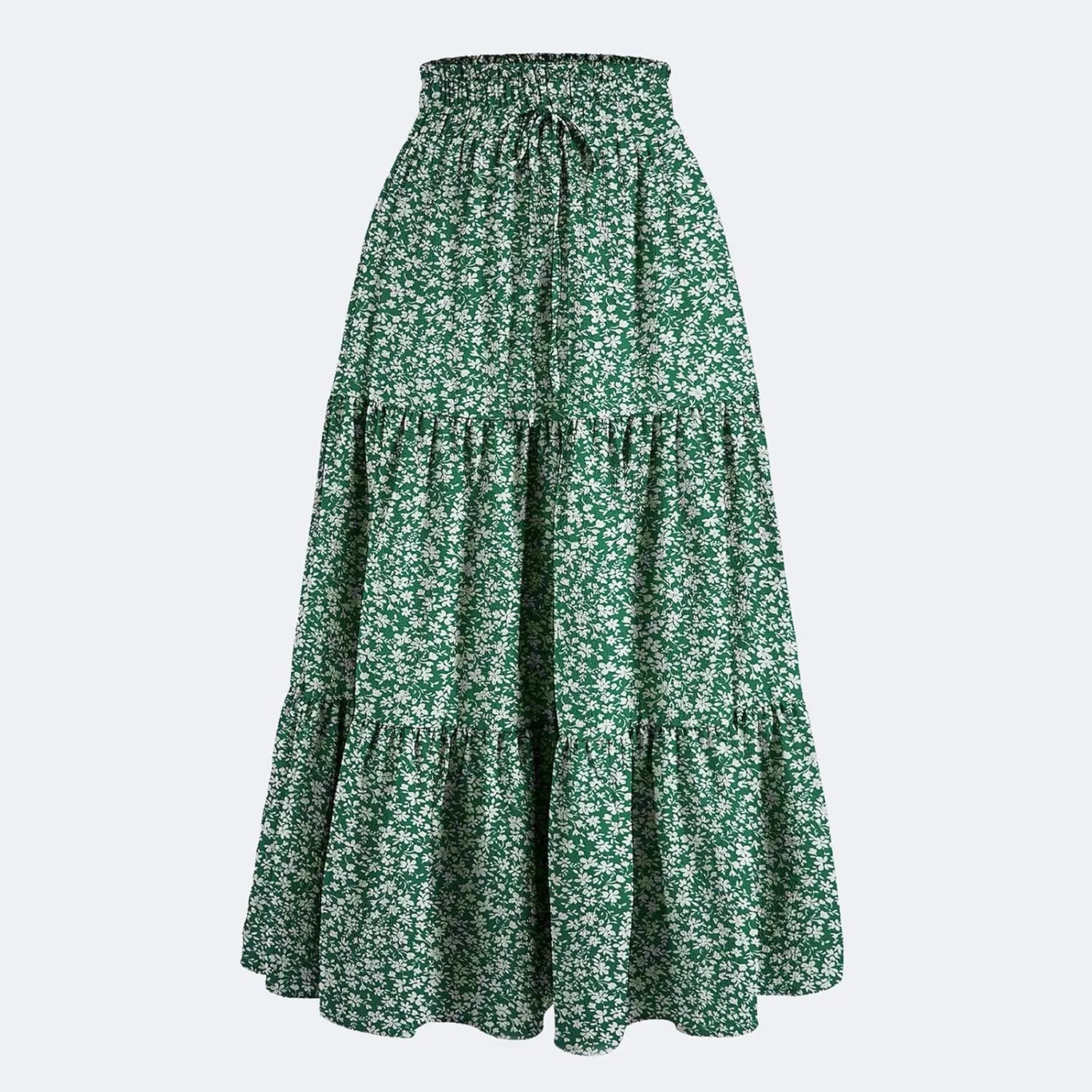Summer Skirts for Women 2025 Vacation Boho Floral Tiered Maxi Skirt Drawstring High Waisted Flowy Ruffle A Line Skirt