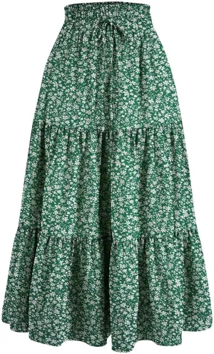 Summer Skirts for Women 2025 Vacation Boho Floral Tiered Maxi Skirt Drawstring High Waisted Flowy Ruffle A Line Skirt