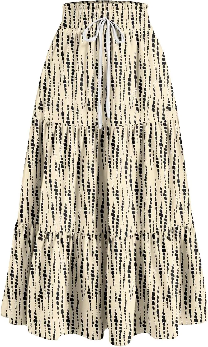 Summer Skirts for Women 2025 Vacation Boho Floral Tiered Skirt Drawstring High Waisted Flowy Ruffle A Line Skirt