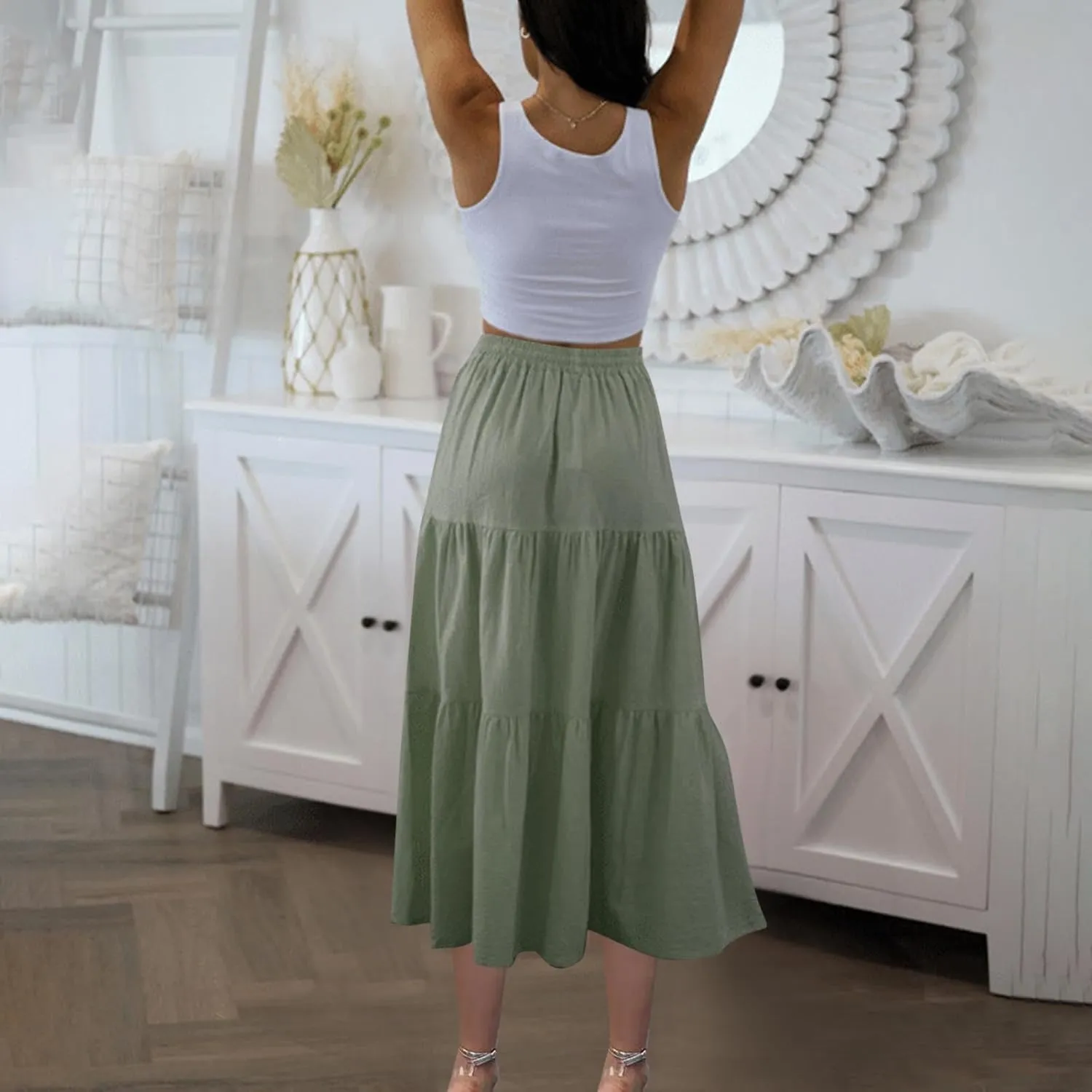 Summer Skirts for Women 2025 Vacation Skirts Elastic Waist Ruffle Skirts Casual Front Button Midi Skirt Pleated Skirt