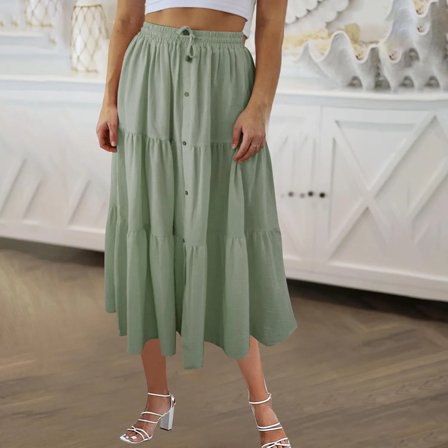 Summer Skirts for Women 2025 Vacation Skirts Elastic Waist Ruffle Skirts Casual Front Button Midi Skirt Pleated Skirt