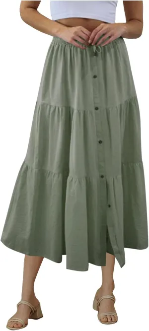 Summer Skirts for Women 2025 Vacation Skirts Elastic Waist Ruffle Skirts Casual Front Button Midi Skirt Pleated Skirt