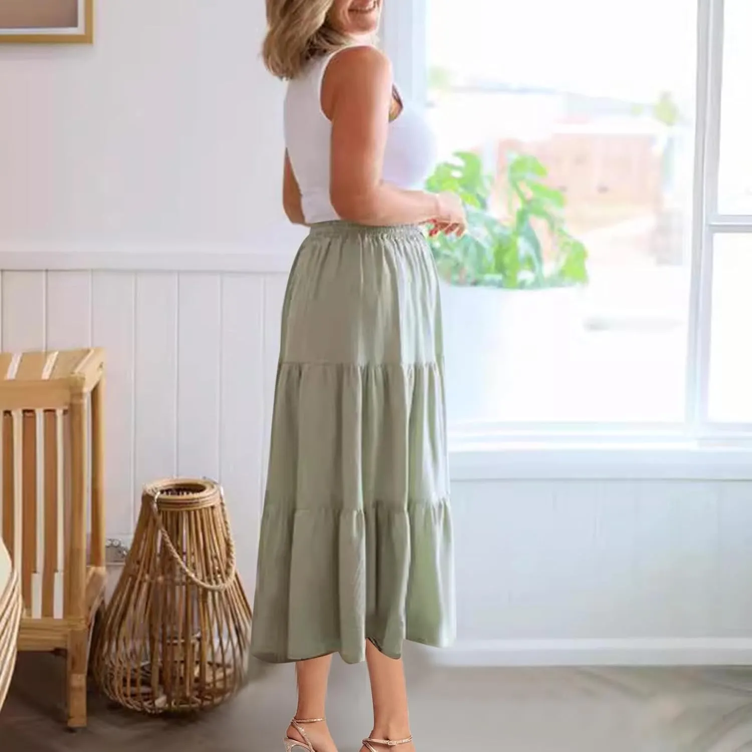Summer Skirts for Women 2025 Vacation Skirts Elastic Waist Ruffle Skirts Casual Front Button Midi Skirt Pleated Skirt