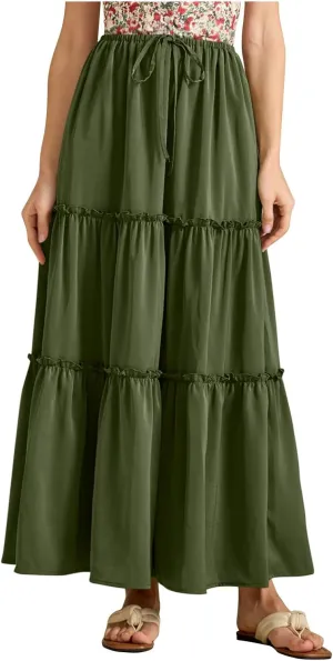 Summer Skirts for Women Elegant Smocked Layered Tiered Maxi Skirt Flowy High Waisted A Line Long Dress