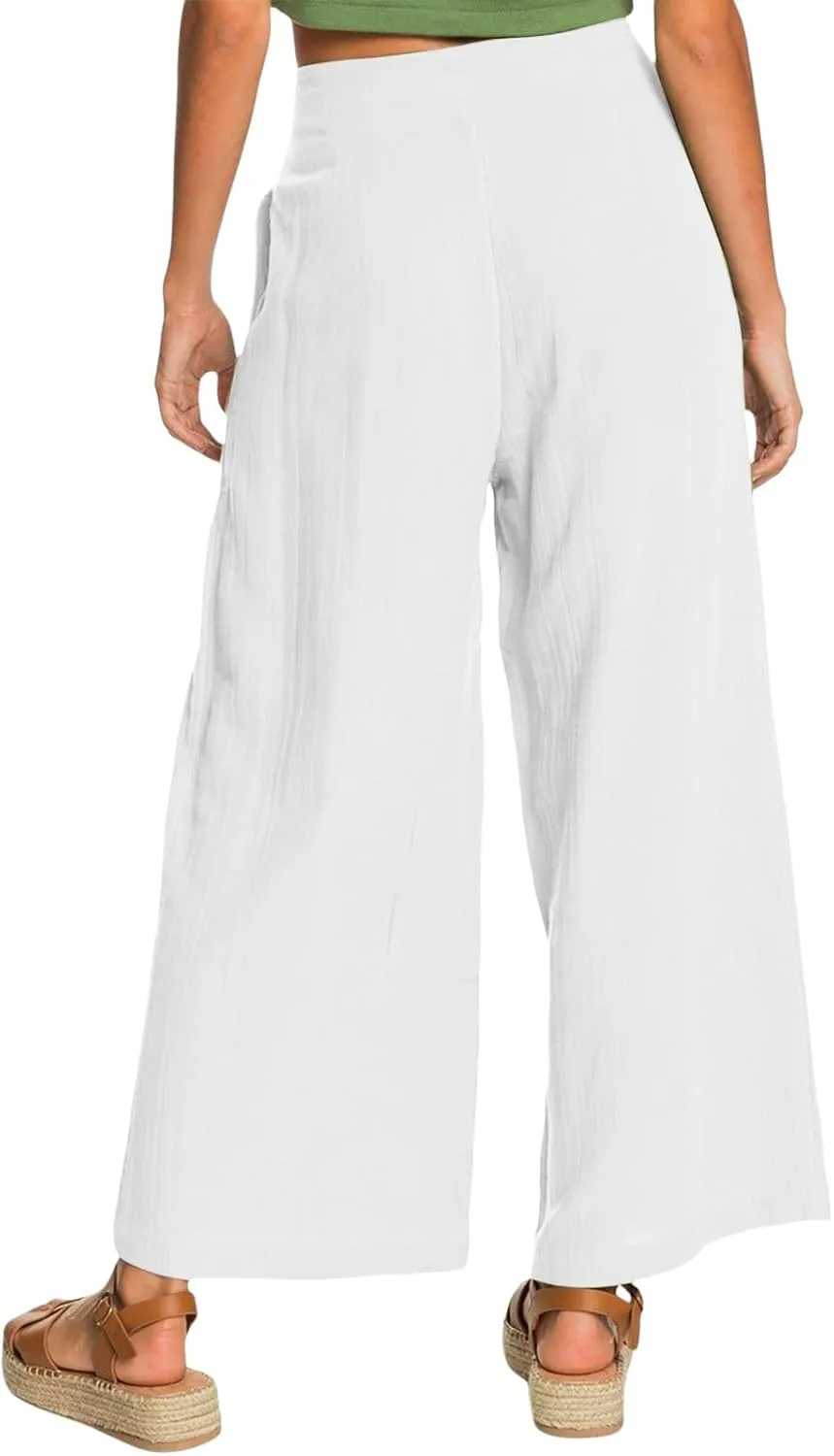 Summer Wide Leg Pants for Women Lightweight Breathable Cotton Linen Pant Stretchy Casual Trousers with Button Pockets