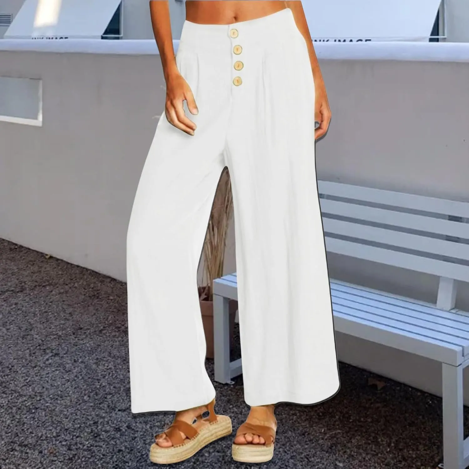 Summer Wide Leg Pants for Women Lightweight Breathable Cotton Linen Pant Stretchy Casual Trousers with Button Pockets