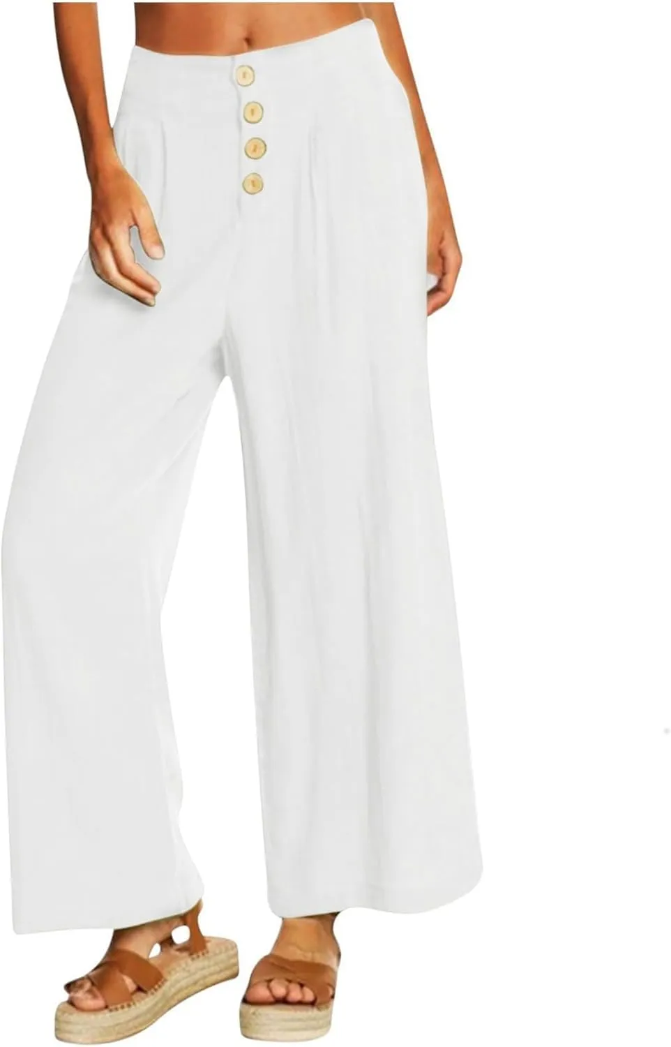 Summer Wide Leg Pants for Women Lightweight Breathable Cotton Linen Pant Stretchy Casual Trousers with Button Pockets