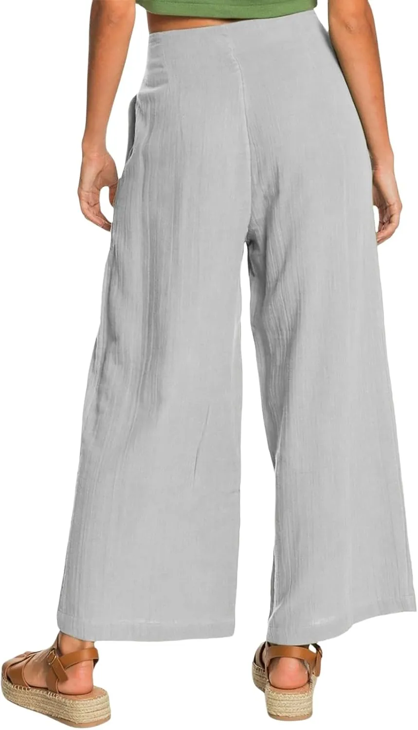 Summer Wide Leg Pants for Women Lightweight Breathable Cotton Linen Pant Stretchy Casual Trousers with Button Pockets