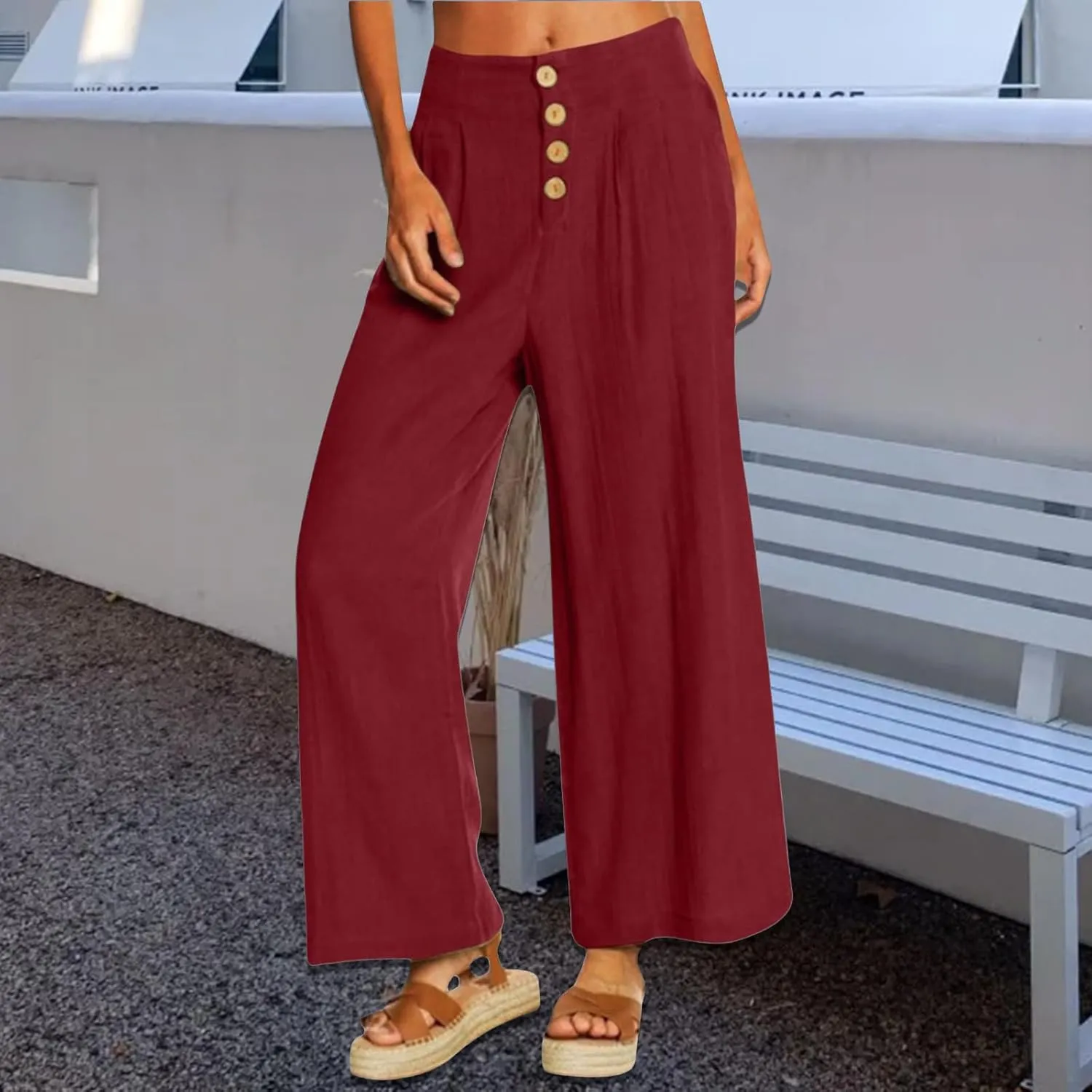 Summer Wide Leg Pants for Women Lightweight Breathable Cotton Linen Pant Stretchy Casual Trousers with Button Pockets