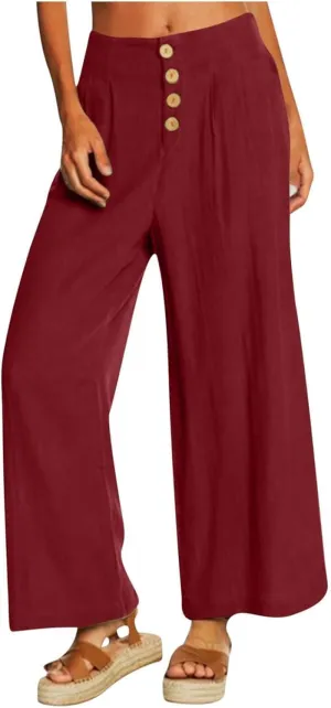 Summer Wide Leg Pants for Women Lightweight Breathable Cotton Linen Pant Stretchy Casual Trousers with Button Pockets