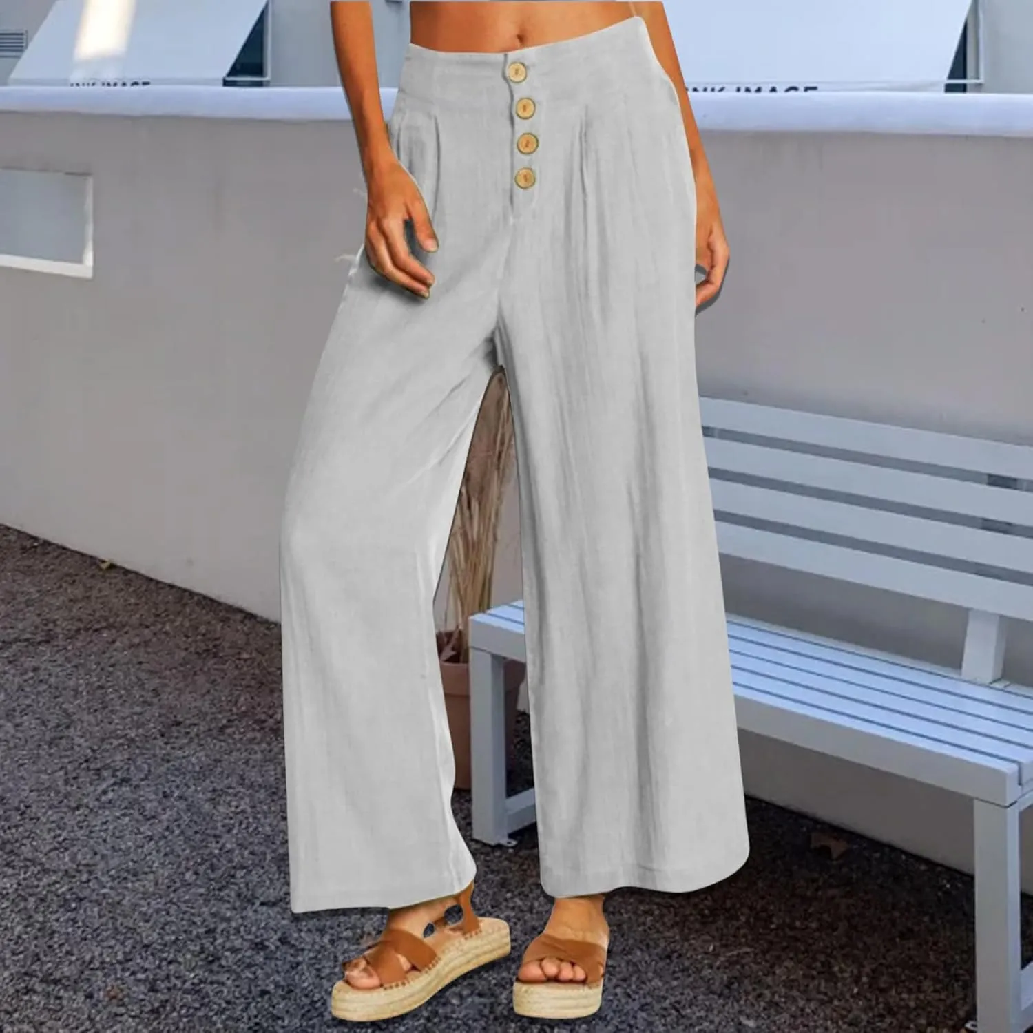 Summer Wide Leg Pants for Women Lightweight Breathable Cotton Linen Pant Stretchy Casual Trousers with Button Pockets