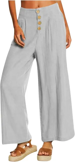 Summer Wide Leg Pants for Women Lightweight Breathable Cotton Linen Pant Stretchy Casual Trousers with Button Pockets
