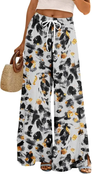 Summer Wide Leg Pants High Waistd Beach Palazzo Pants Side Split Drawstring Elastic Waist Floral Print Pockets Trouser