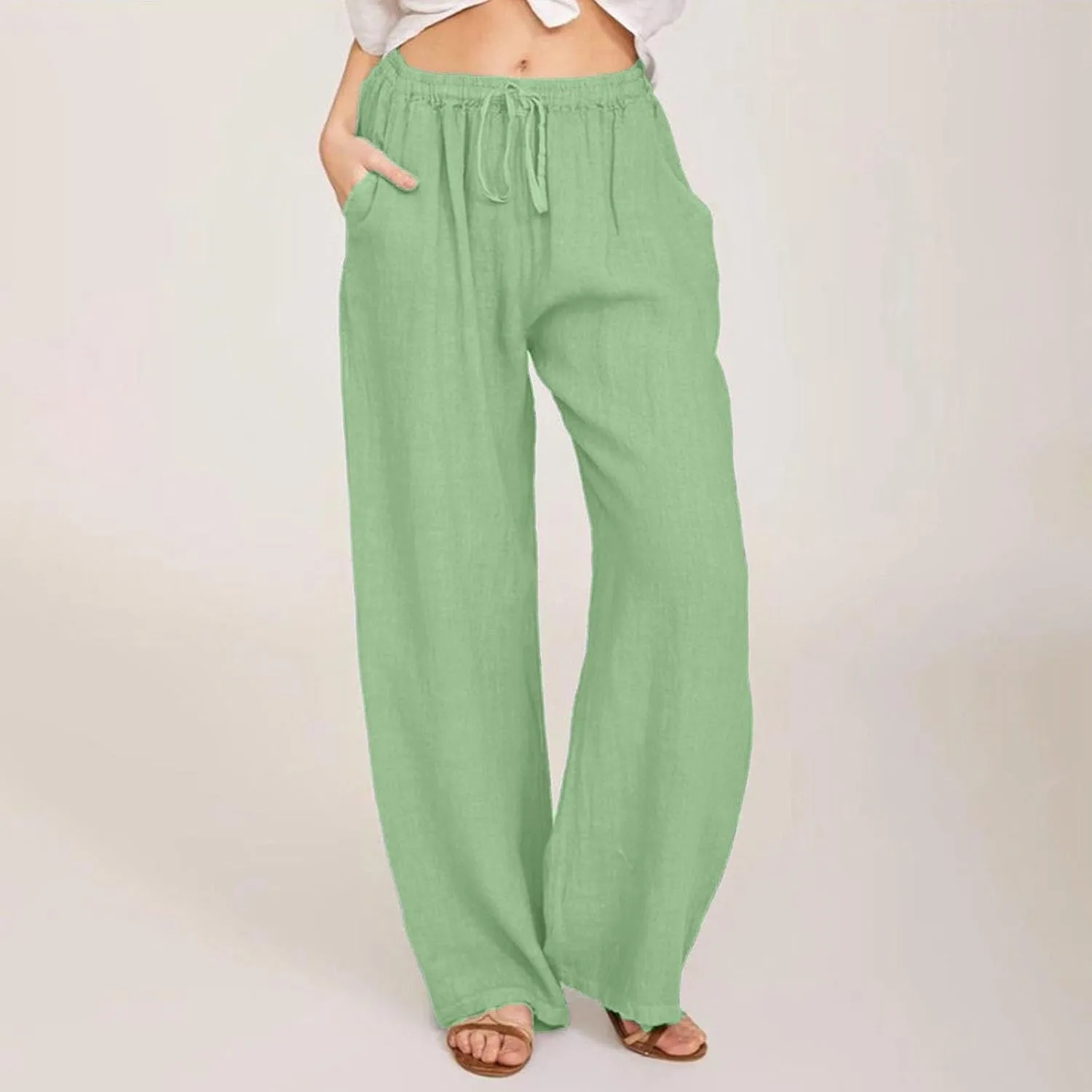 Sweatpants Women,Pants Petite, High Rise Baggy Wide Leg Golf Cotton Linen Trousers with Pockets