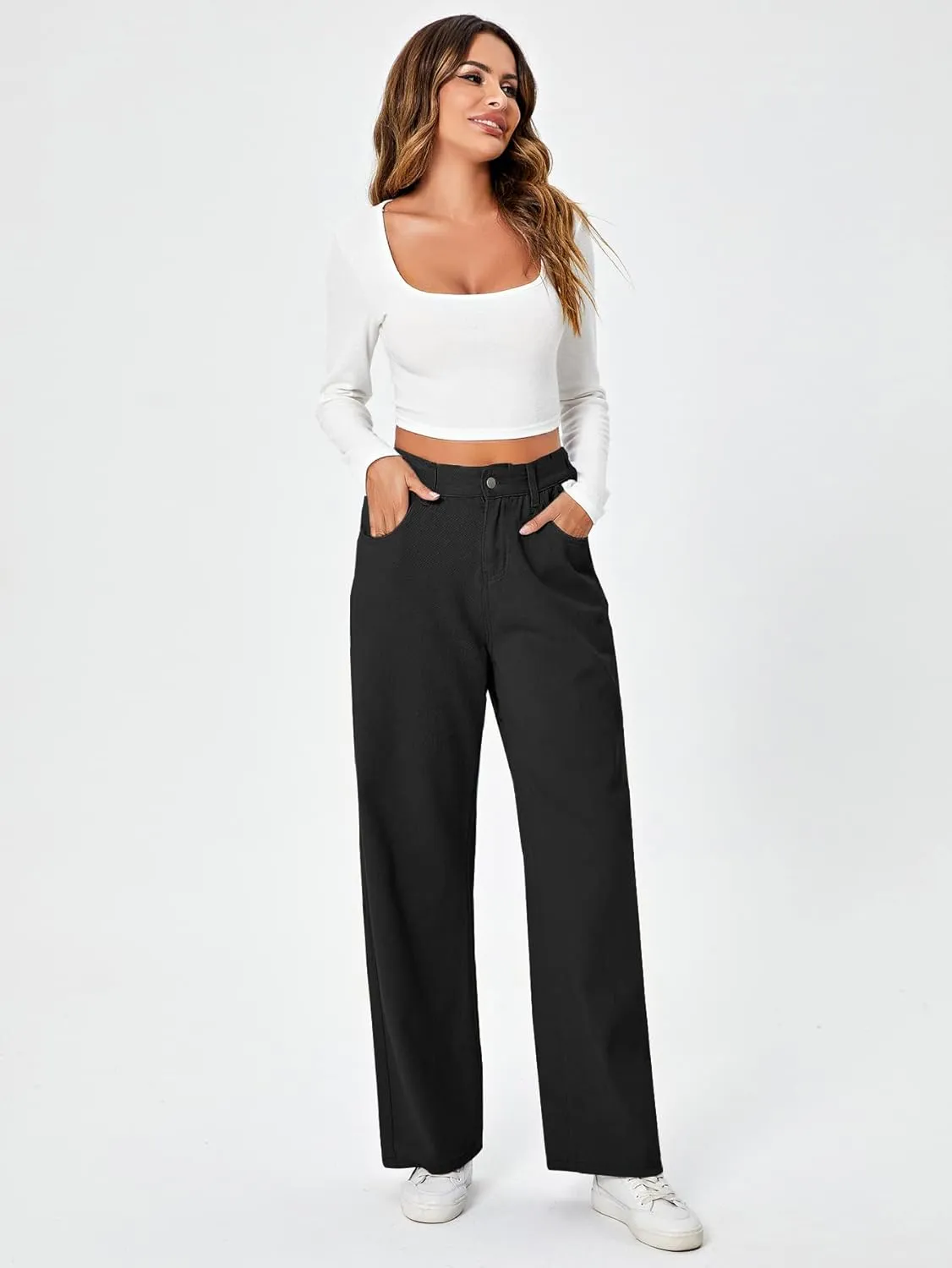 SweatyRocks Women's Casual Loose High Waist Solid Straight Wide Leg Jeans