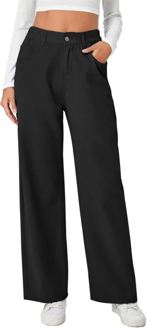 SweatyRocks Women's Casual Loose High Waist Solid Straight Wide Leg Jeans