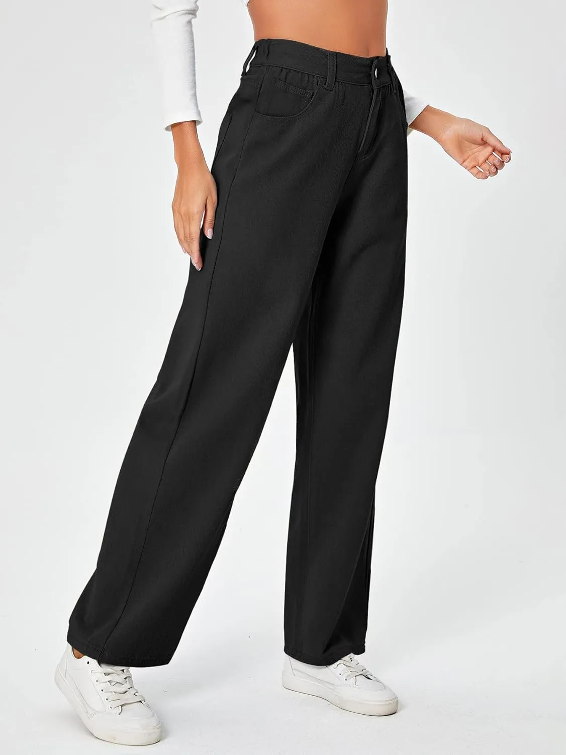 SweatyRocks Women's Casual Loose High Waist Solid Straight Wide Leg Jeans