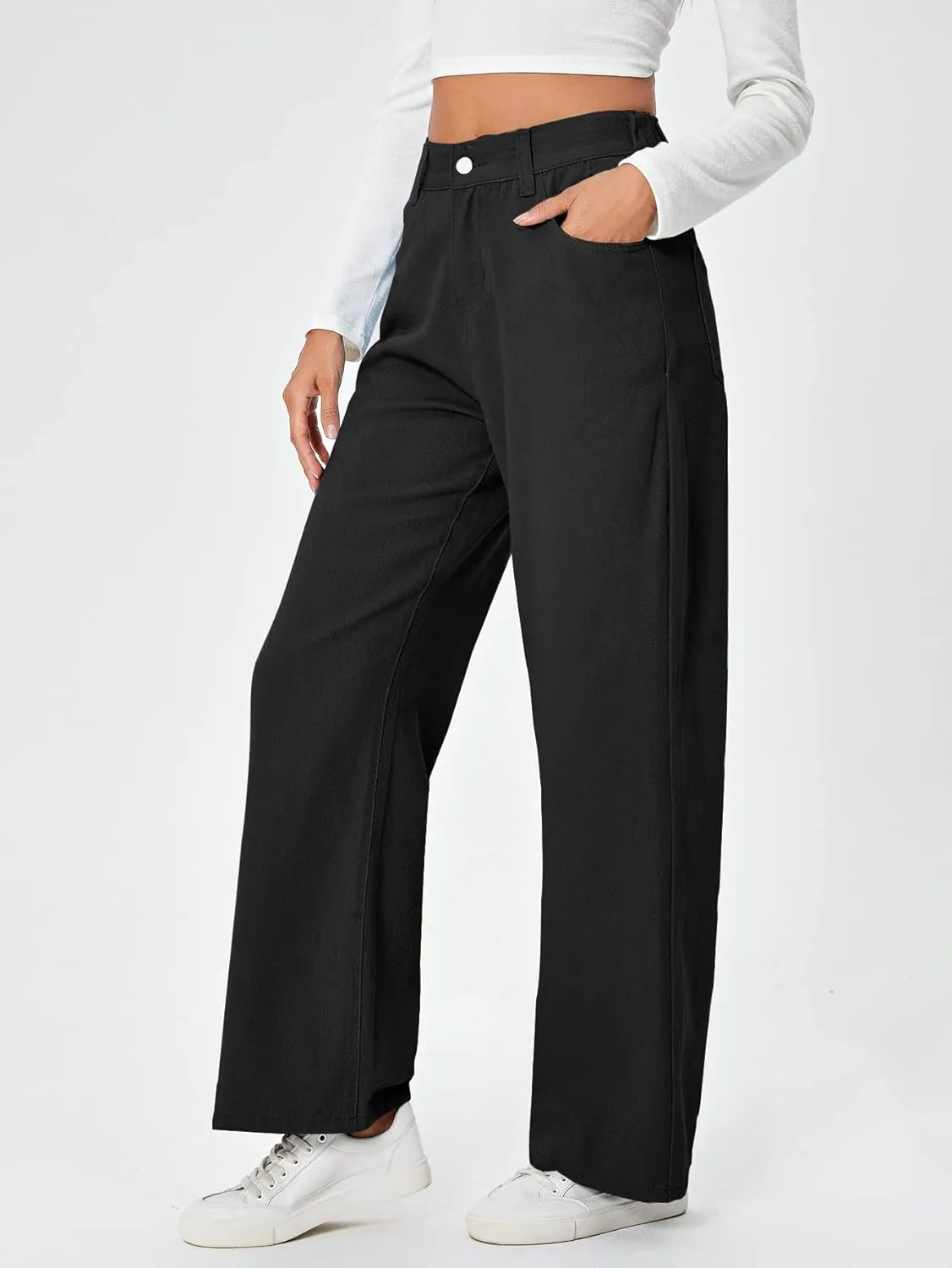 SweatyRocks Women's Casual Loose High Waist Solid Straight Wide Leg Jeans
