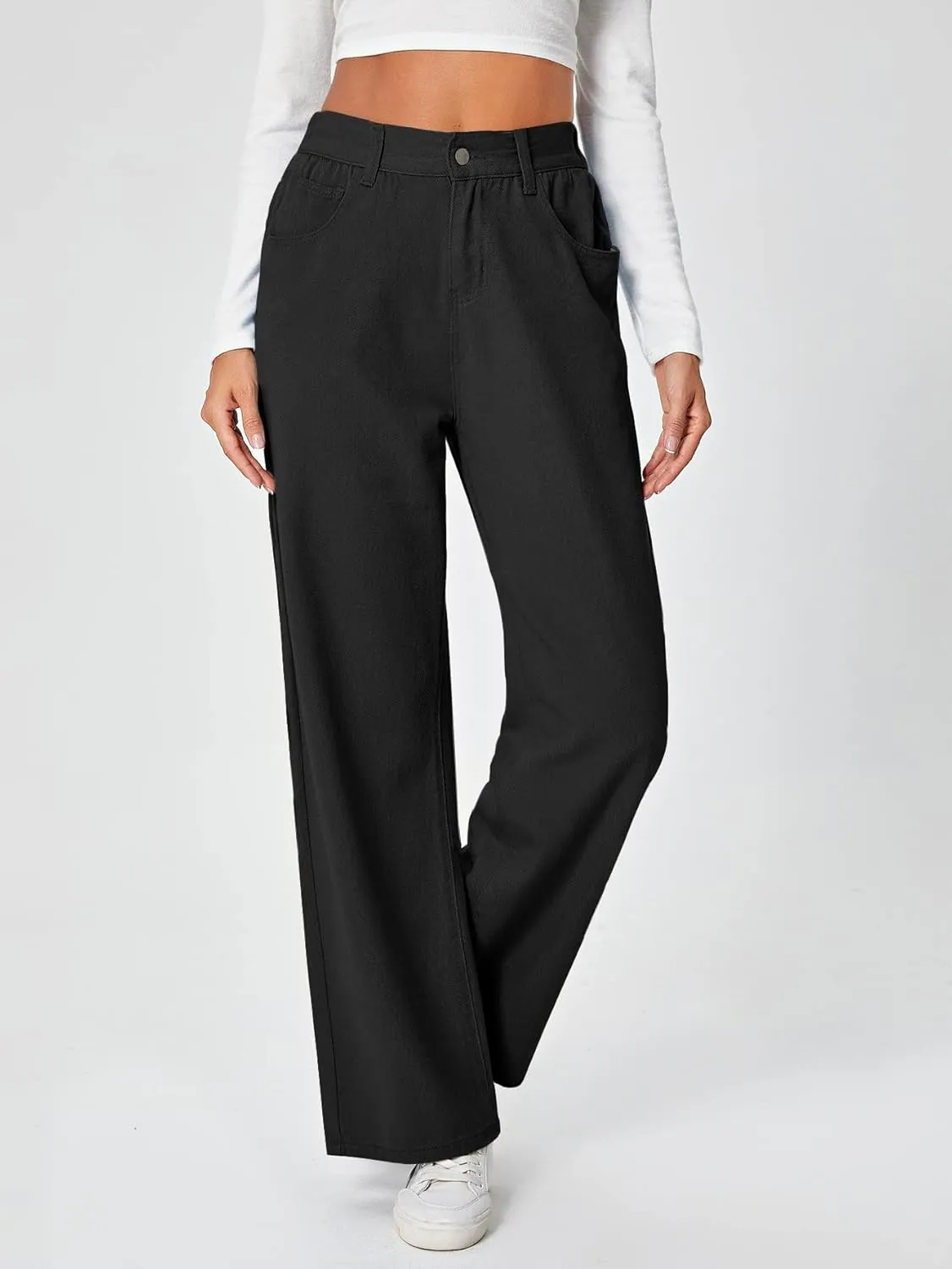 SweatyRocks Women's Casual Loose High Waist Solid Straight Wide Leg Jeans