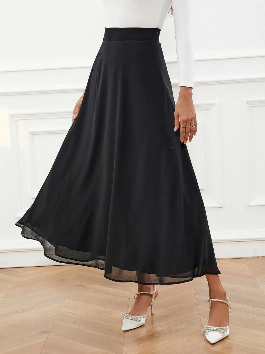 SweatyRocks Women's Chiffon High Waisted Flowy Long Skirts Casual Solid A line Maxi Skirt