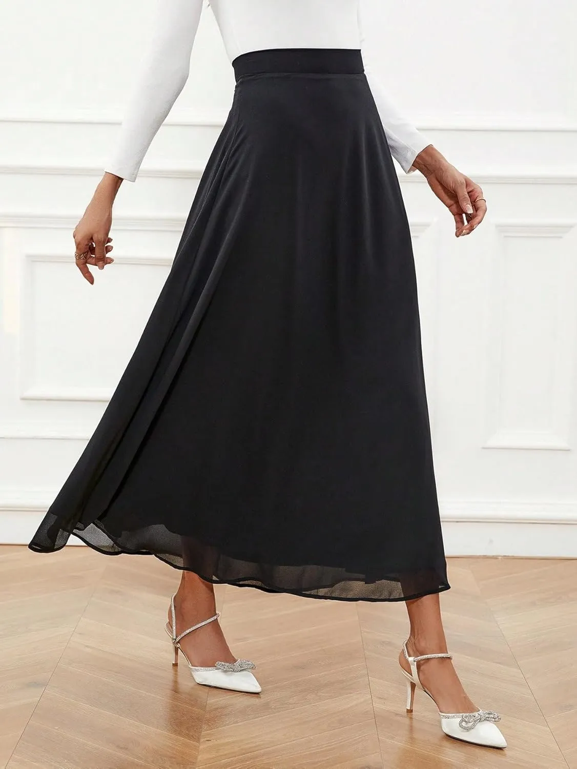 SweatyRocks Women's Chiffon High Waisted Flowy Long Skirts Casual Solid A line Maxi Skirt