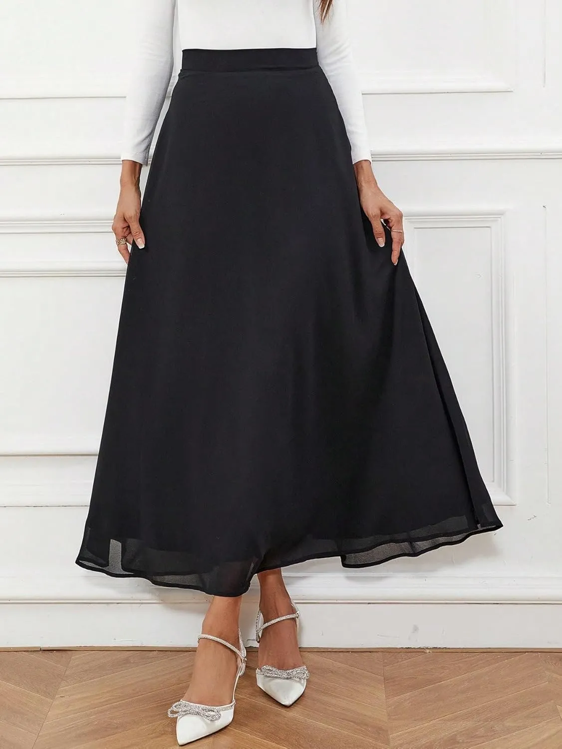 SweatyRocks Women's Chiffon High Waisted Flowy Long Skirts Casual Solid A line Maxi Skirt