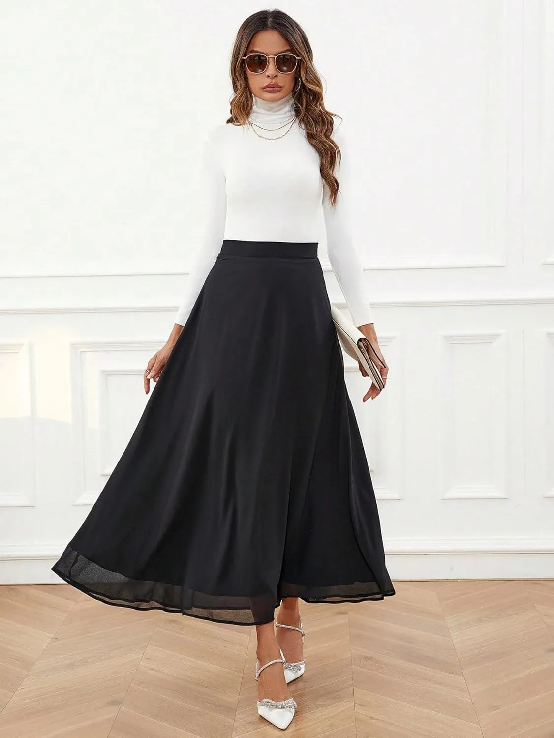 SweatyRocks Women's Chiffon High Waisted Flowy Long Skirts Casual Solid A line Maxi Skirt