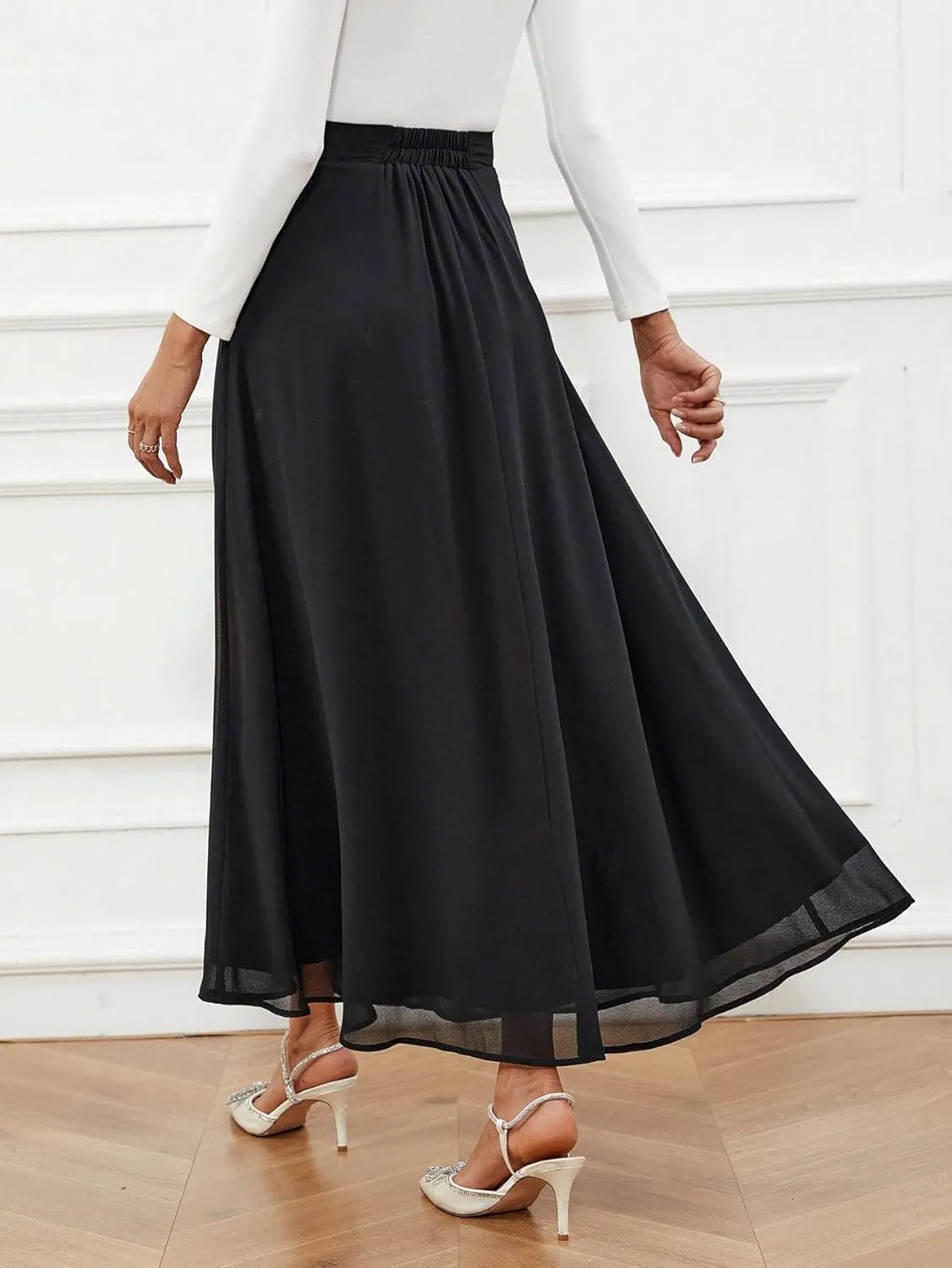 SweatyRocks Women's Chiffon High Waisted Flowy Long Skirts Casual Solid A line Maxi Skirt
