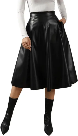 SweatyRocks Women's Faux Leather High Waist Pleated Flared Midi Skirt with Pocket