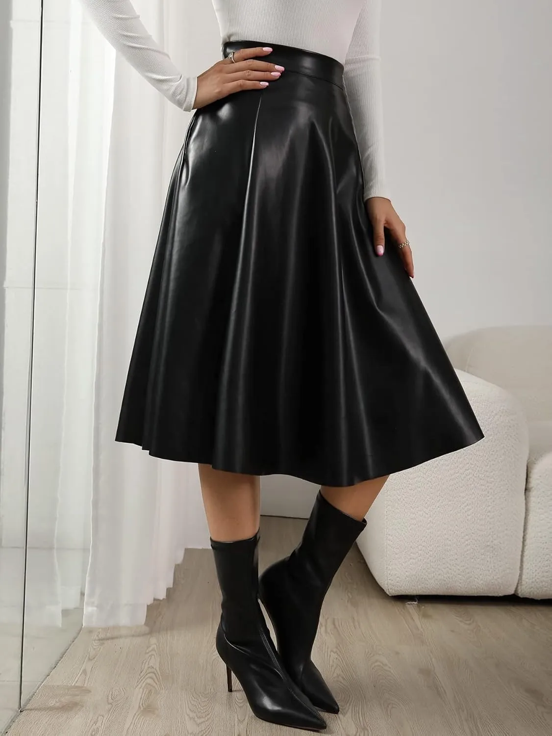 SweatyRocks Women's Faux Leather High Waist Pleated Flared Midi Skirt with Pocket