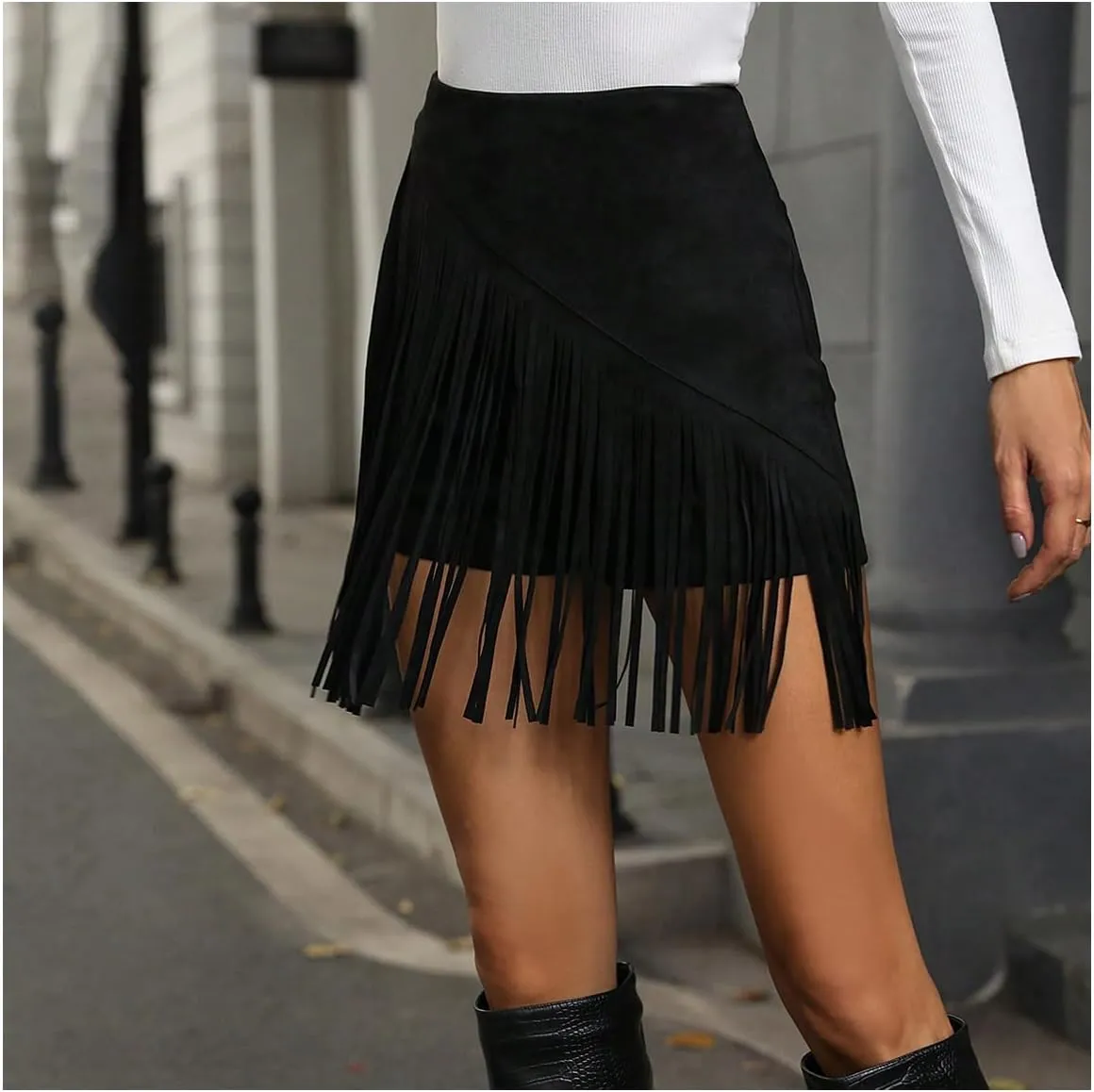 SweatyRocks Women's Fringe High Waist Skort Zipper Back Faux Suede Skirt Shorts