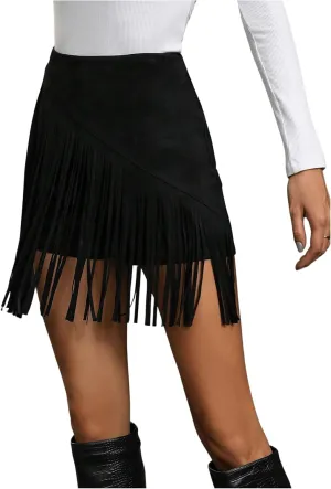 SweatyRocks Women's Fringe High Waist Skort Zipper Back Faux Suede Skirt Shorts