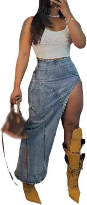 Tbahhir Long High Slit Skirt Denim for Women Tight High Waisted Jean Skirt Maxi Slim Fit Y2k Streetwear